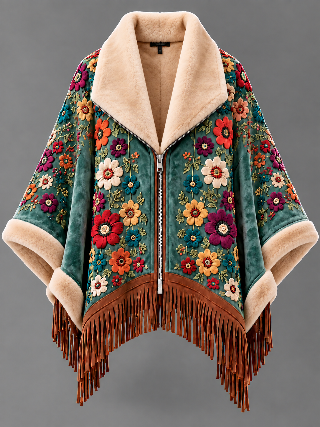 Women’s Vintage Boho Tapestry Fringe Poncho Coat